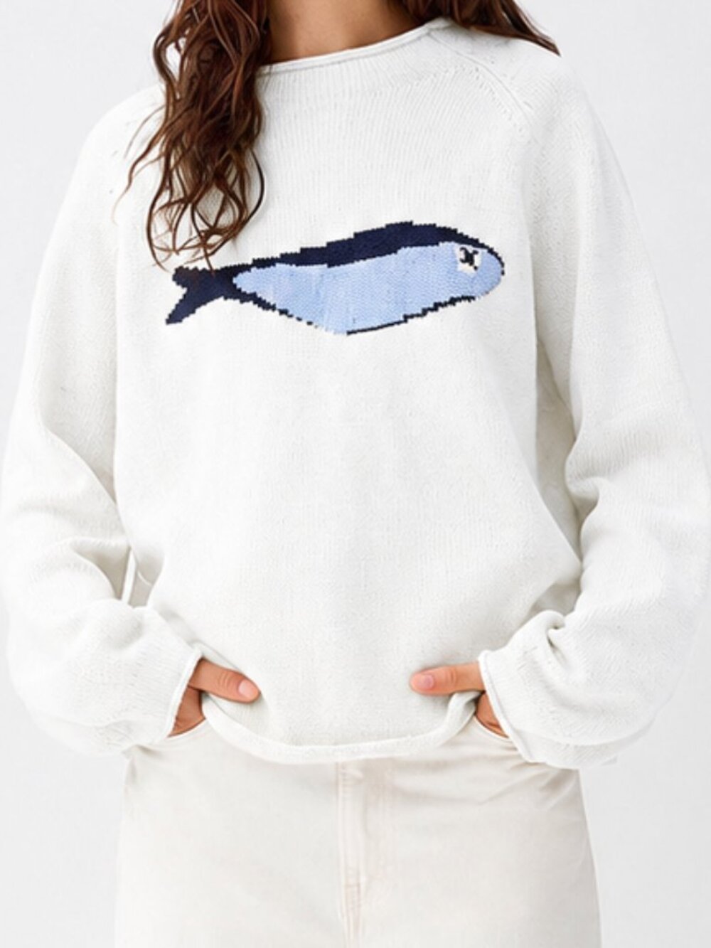 Sardine Fish Jacquard Pullover Sweater Milky White